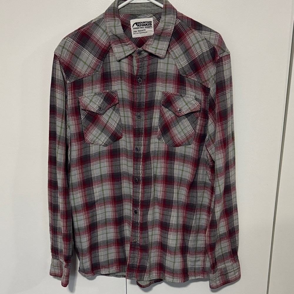 Mountain Khakis Men's Gray and Red Plaid Button-Up sz large Flannel Shirt